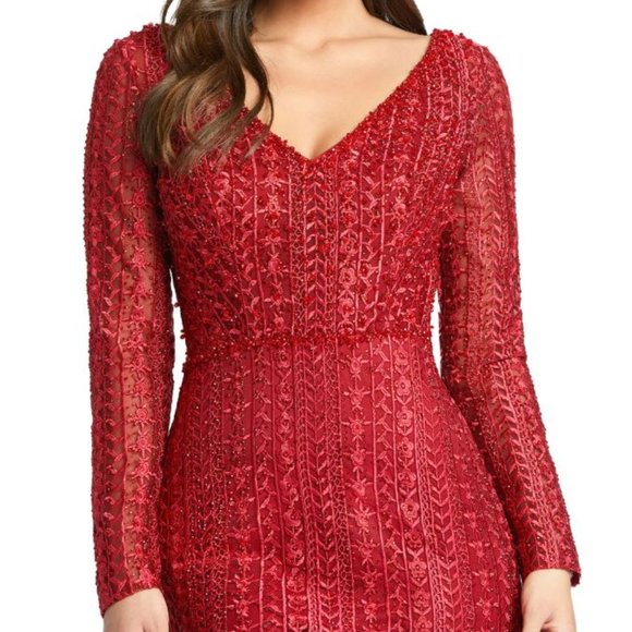 NWT Mac Duggal Embroidered Long Sleeve Red Trumpet Gown 20271 - Picture 3 of 11